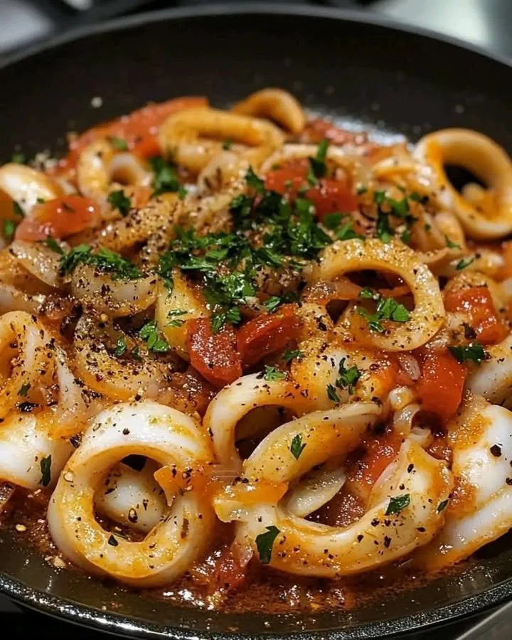 Delicious squid in rich tomato and herb sauce on a plate