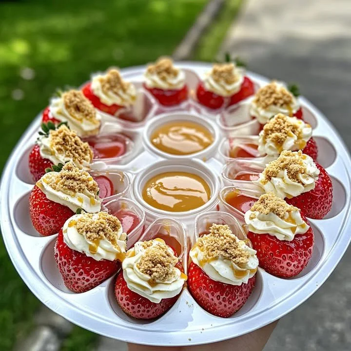 Deviled cheesecake strawberries served on a plate, perfect for dessert lovers.