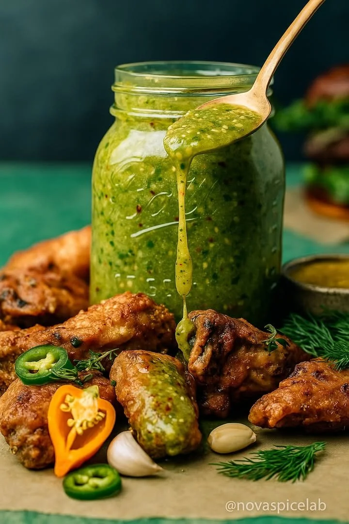 Bottle of dill pickle hot sauce with a spicy and tangy flavor profile.