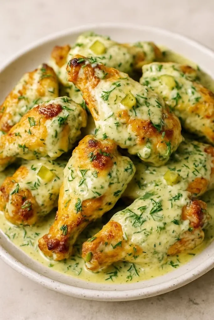 Dill Pickle Ranch Wings served in a bowl with dipping sauce.