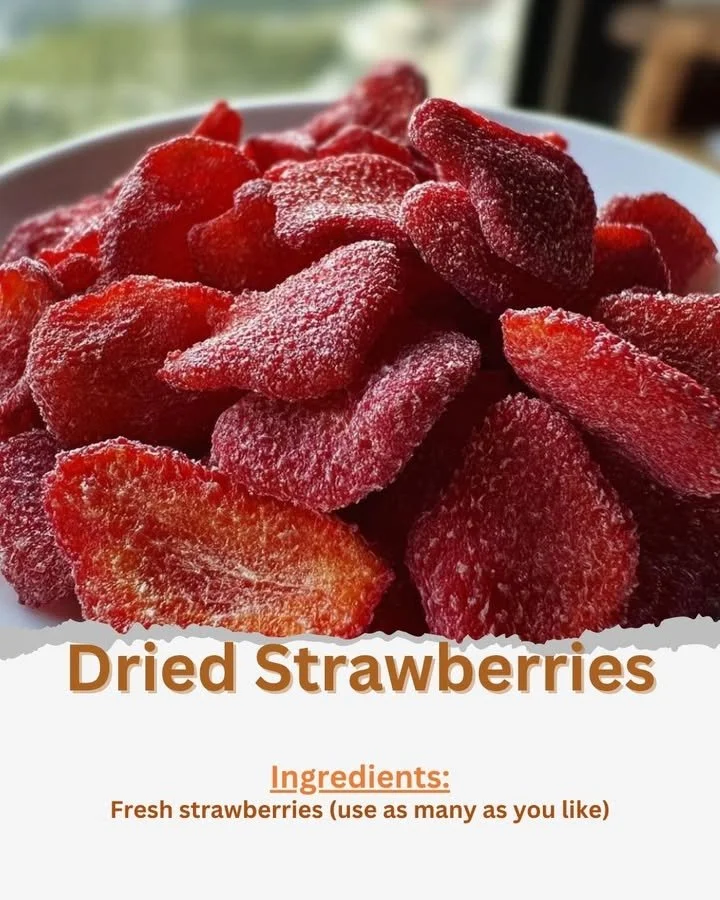 A bowl of vibrant dried strawberries, ideal for snacking and culinary uses.
