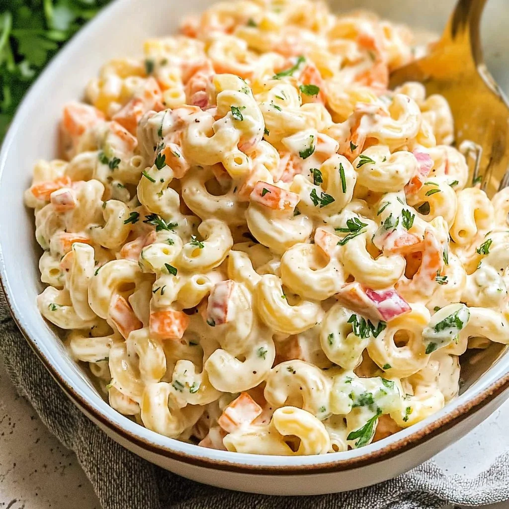 Bowl of easy and delicious macaroni salad with fresh vegetables and dressing