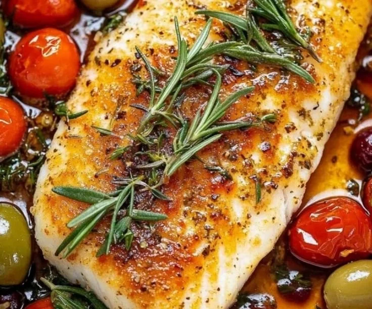 Easy baked fish recipe on a plate with herbs and lemon slices.