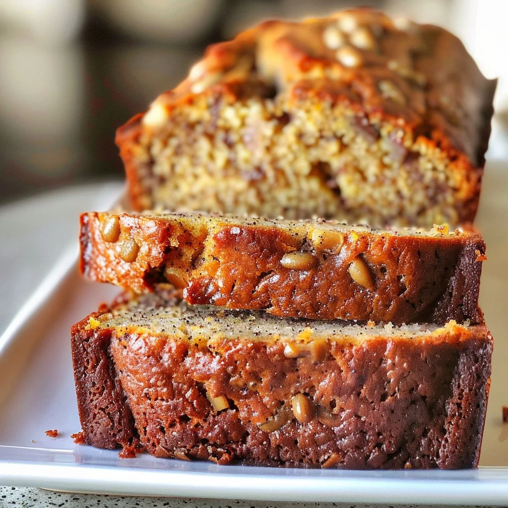 A slice of easy banana bread topped with walnuts and served on a wooden board.