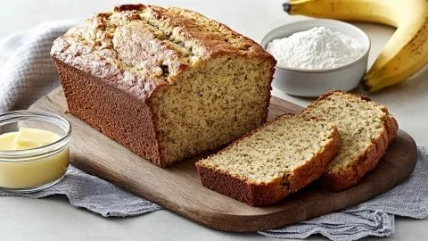Loaf of easy banana bread on a wooden cutting board with sliced pieces.