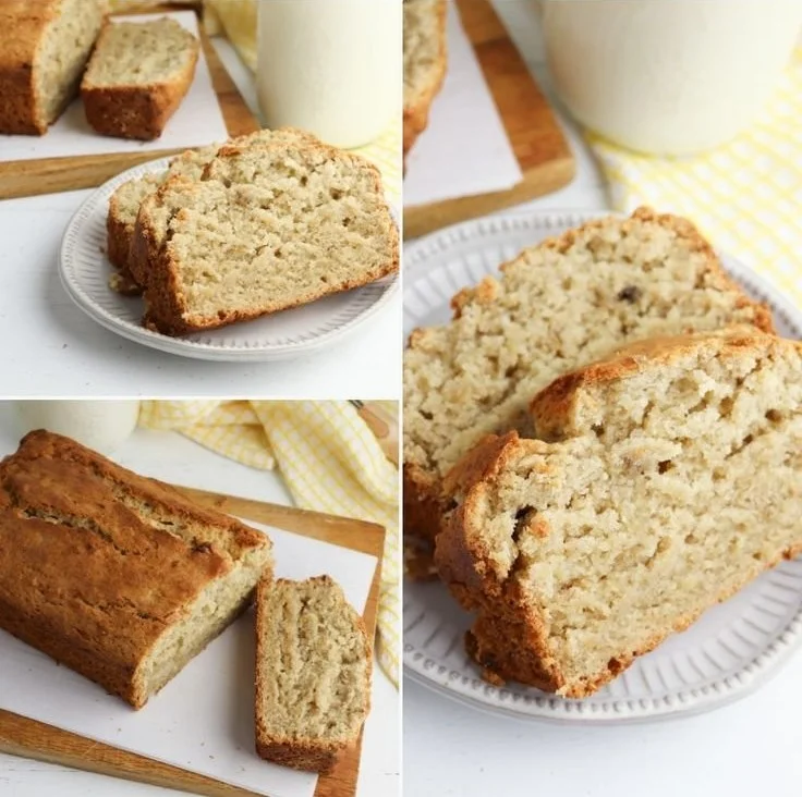 Sliced easy banana bread on a wooden cutting board