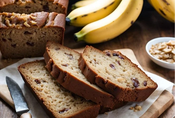Sliced easy banana bread served on a wooden cutting board