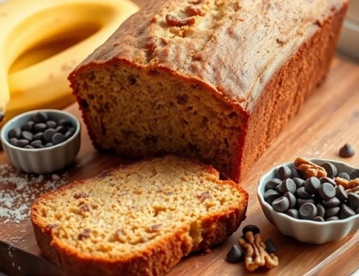 Freshly baked easy banana bread loaf with slices on a wooden cutting board.