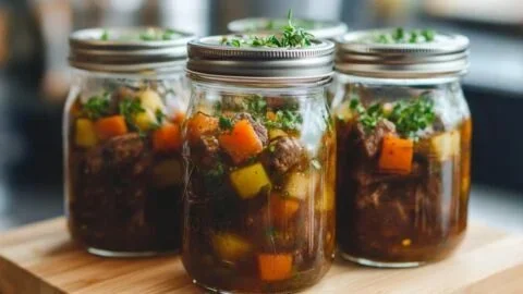 Homemade beef stew in jars, ready for canning with vegetables and meat