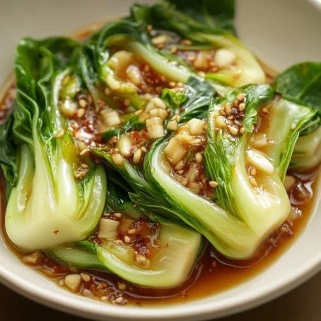 Easy bok choy sautéed in garlic sauce, presented on a plate.