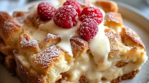 Delicious and easy bread pudding served with a drizzle of caramel sauce.