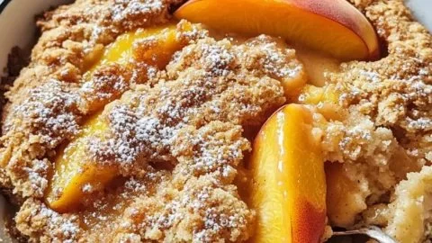 Delicious easy canned peach cobbler served in a dish