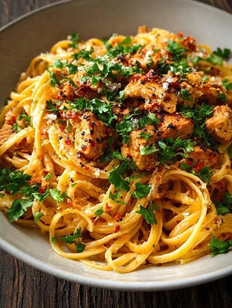 Easy Cowboy Butter Chicken Linguine dish with vibrant ingredients