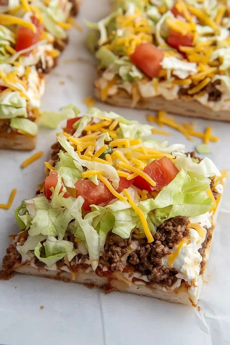 Easy crescent roll taco pizza topped with cheese, lettuce, and tomatoes.