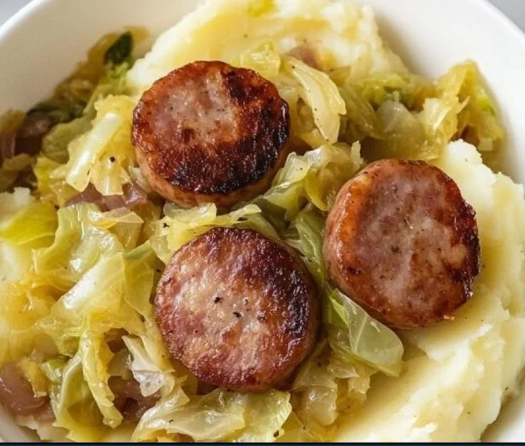 Easy fried cabbage with sausage dish, garnished and ready to serve.