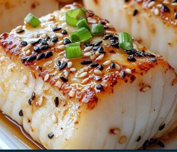 Delicious ginger soy cod served on a plate with fresh garnishes