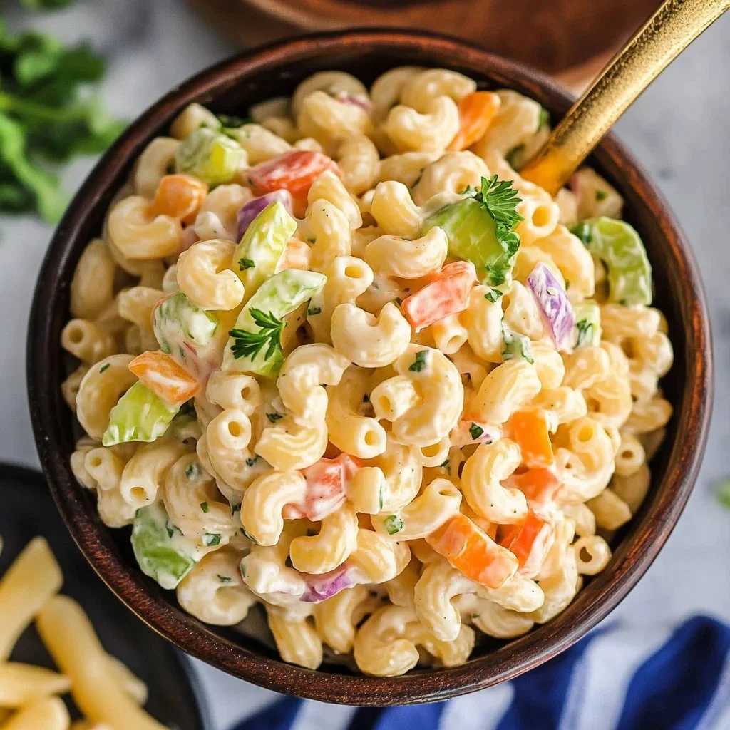 Bowl of easy macaroni salad with vegetables and dressing
