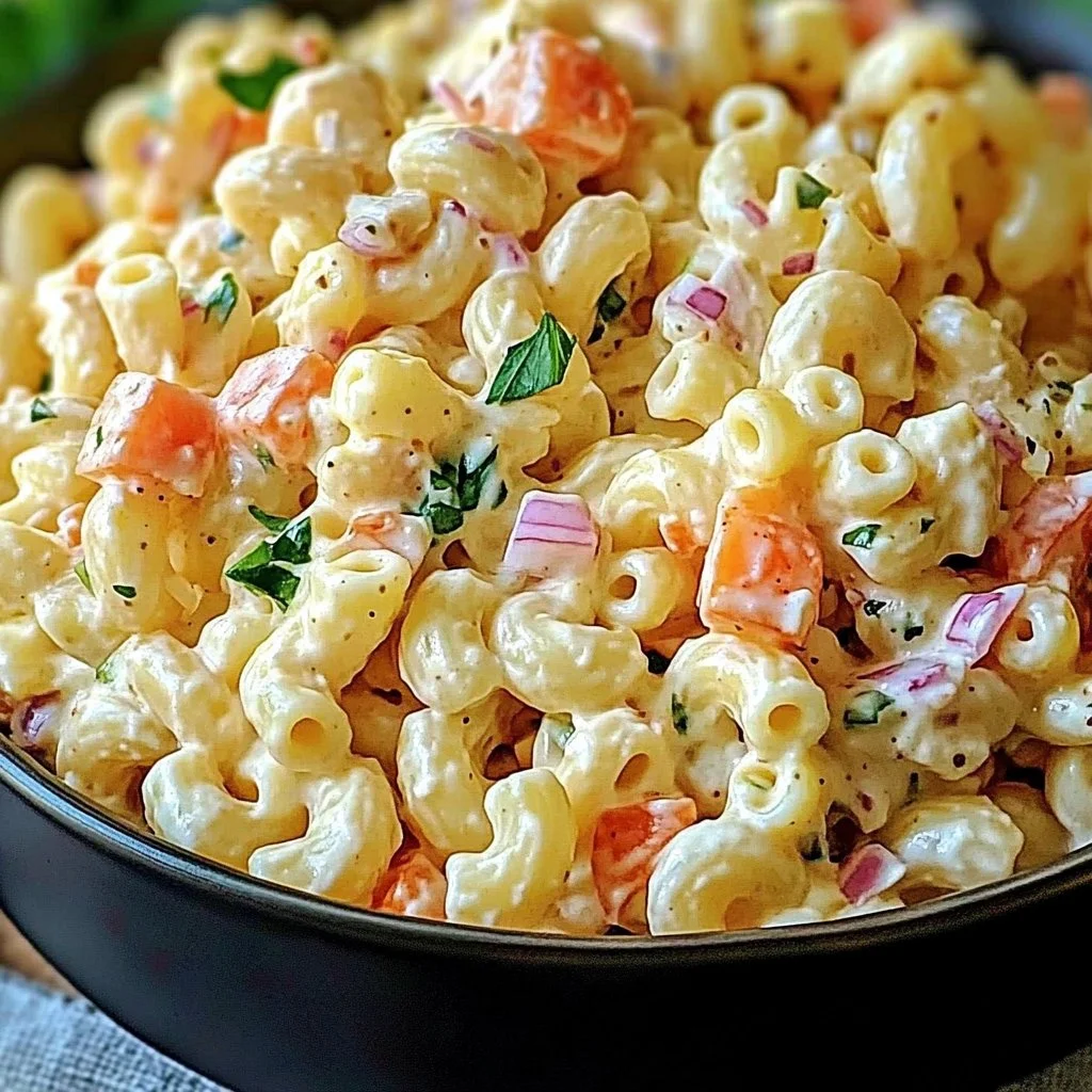 Bowl of easy macaroni salad with colorful vegetables and creamy dressing