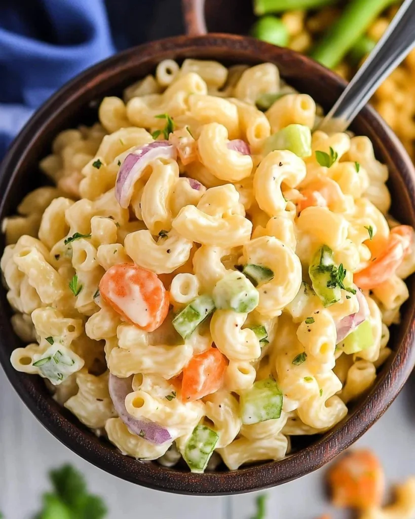 Bowl of easy macaroni salad with vegetables and dressing