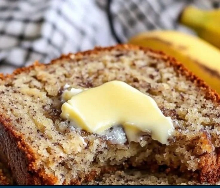 Slice of easy moist banana bread on a wooden cutting board
