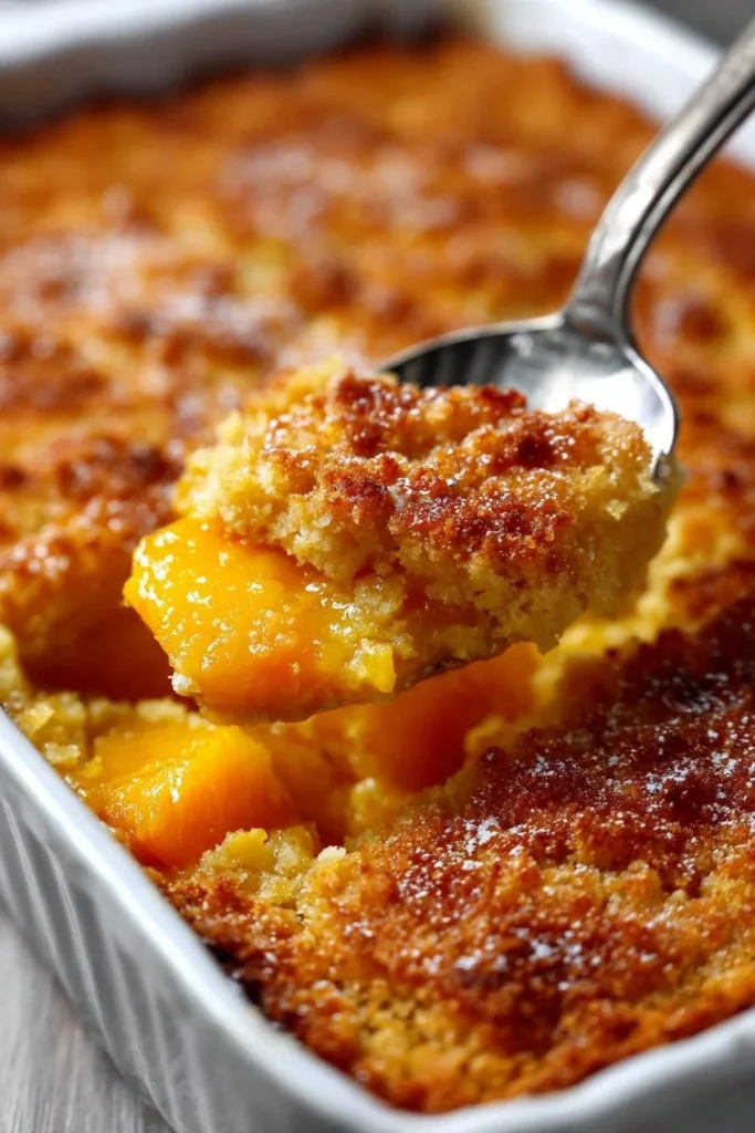 A freshly baked easy peach cobbler served in a rustic dish.