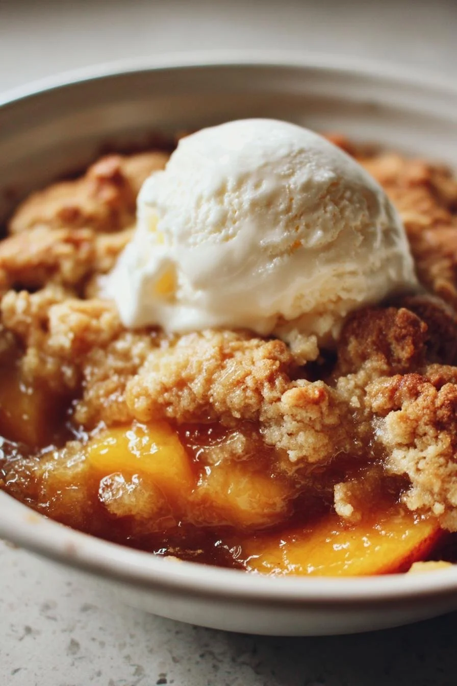 Delicious easy peach cobbler baked to perfection with juicy peaches and a buttery crust.