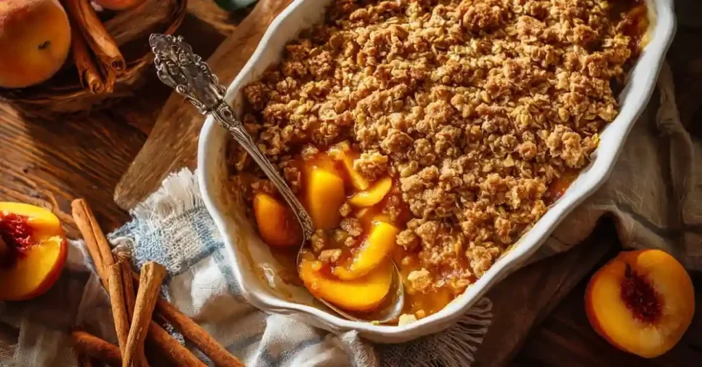 Delicious easy peach crisp with oats baked to golden perfection