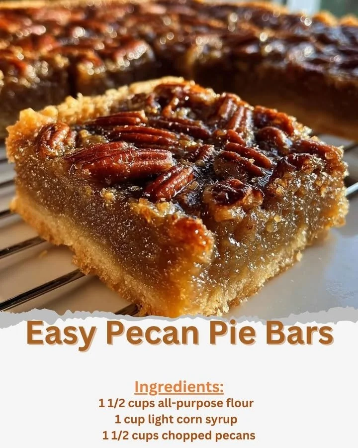 Delicious easy pecan pie bars cut into squares on a wooden table.