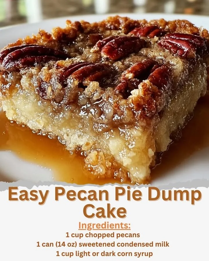Easy pecan pie dump cake topped with pecans in a baking dish