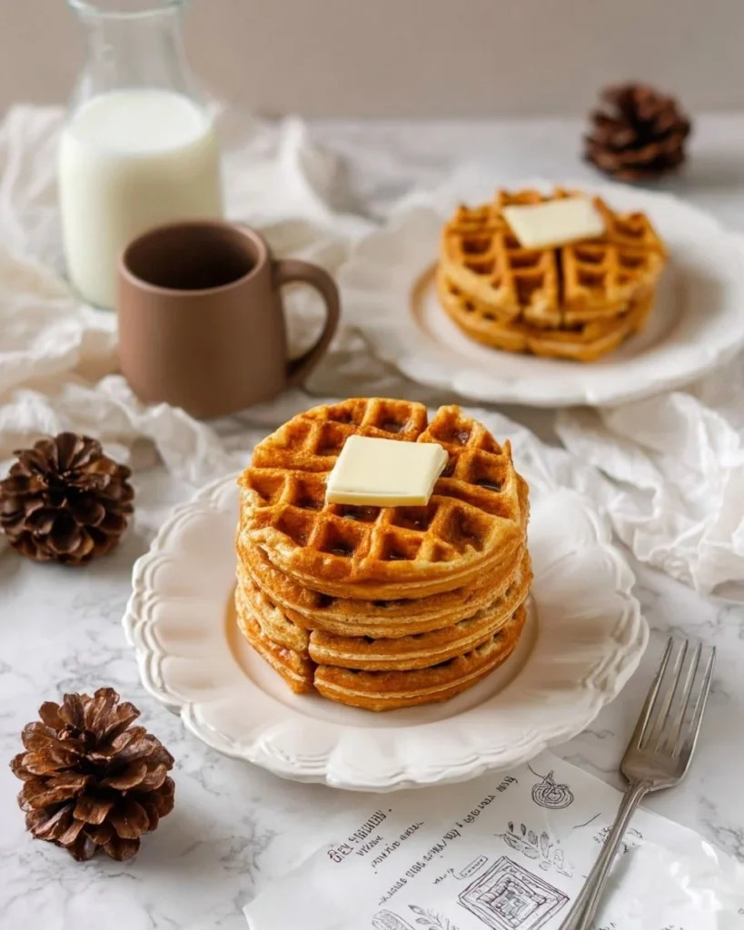Fluffy pumpkin waffles with maple syrup on a plate