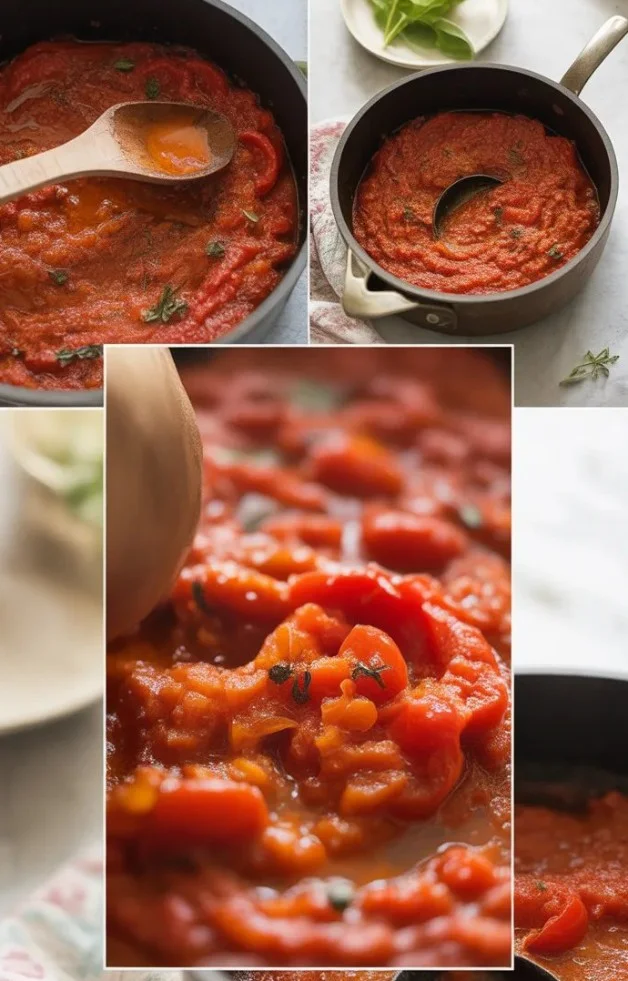 Bowl of easy roasted tomato sauce with fresh tomatoes and herbs