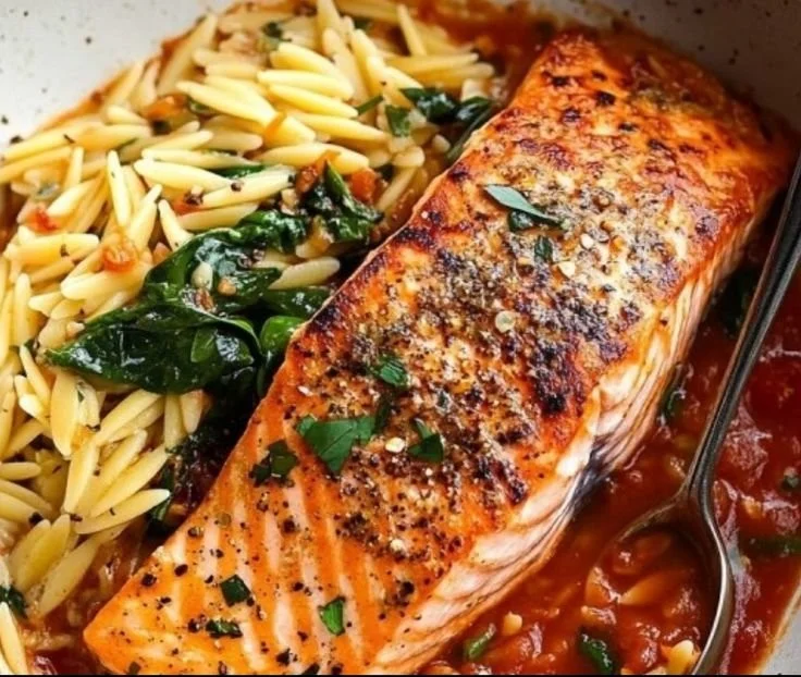 Delicious easy salmon arrabbiata served with pasta and fresh herbs