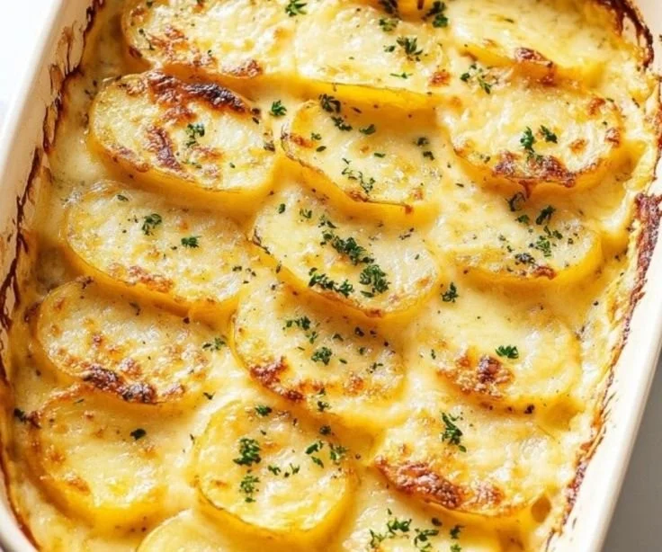 Delicious easy scalloped potatoes layered with cheese and cream