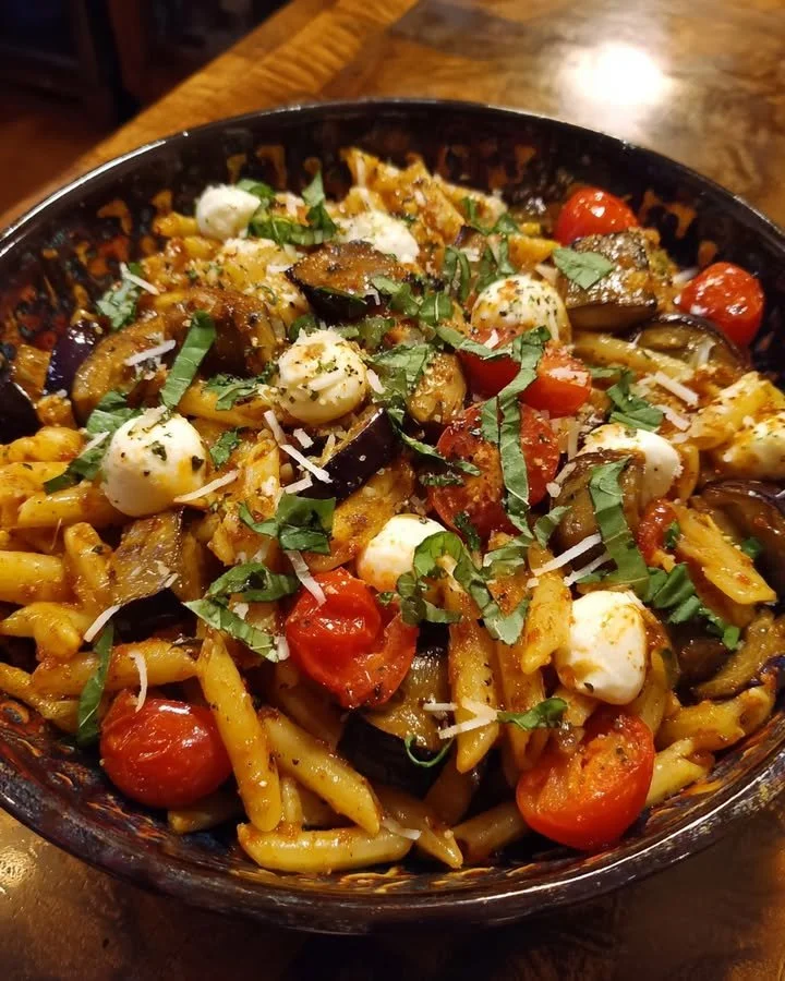 A colorful bowl of Eggplant Parm Pasta Salad with fresh vegetables and cheese.