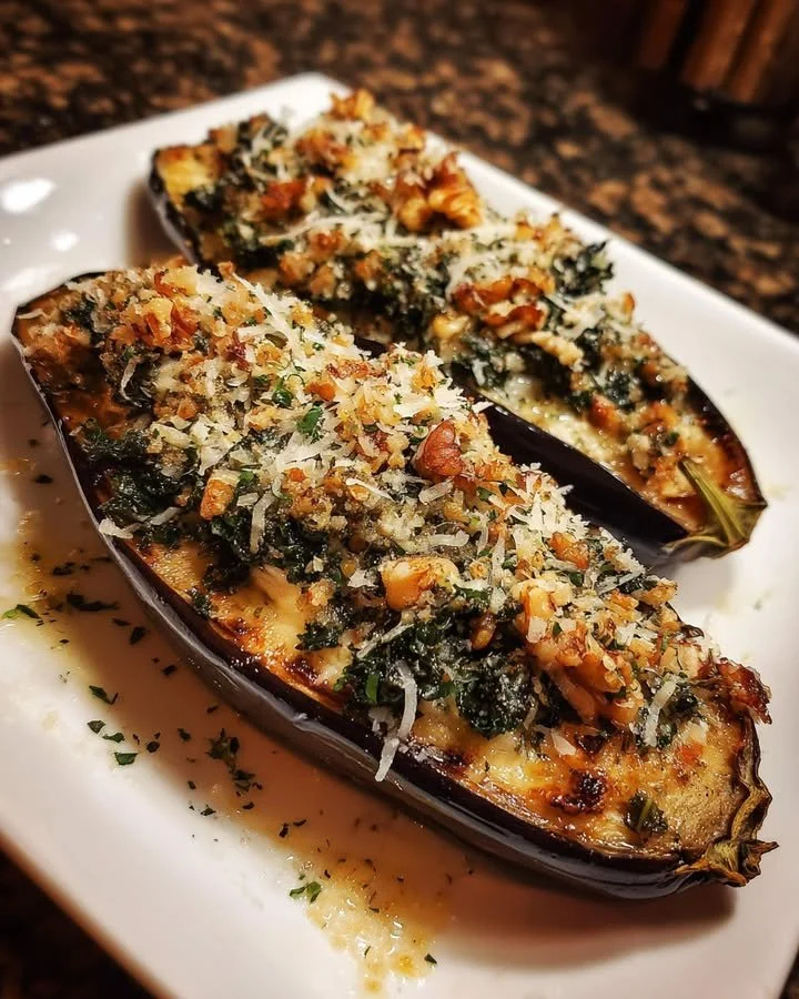 Eggplant stuffed with ricotta, kale, and walnut drizzle for a delicious vegetarian meal.