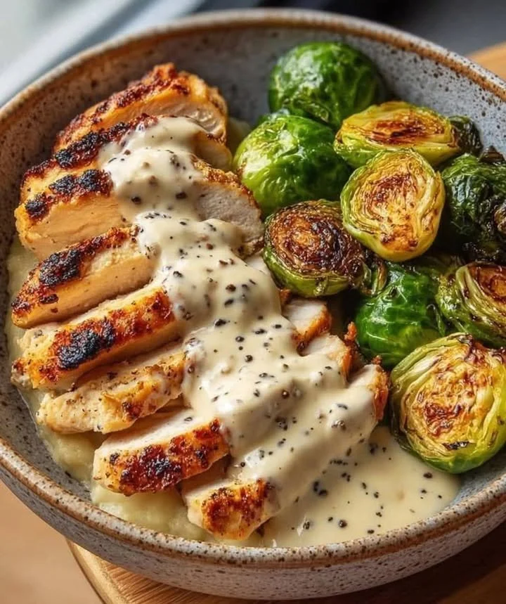 Epic Creamy Pepper Chicken Bowl served with roasted Brussels sprouts and mashed potatoes