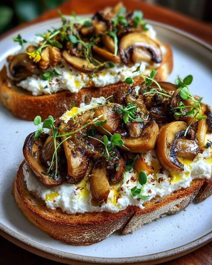 Delicious exotic mushroom and ricotta toast served on a wooden board