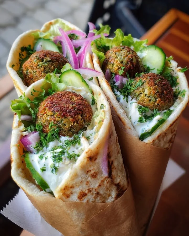 Delicious falafel wrap with feta cheese and cucumber-tahini sauce