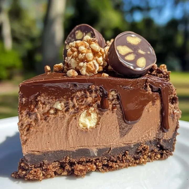 Decadent Ferrero Rocher Cheesecake with chocolate and hazelnut toppings