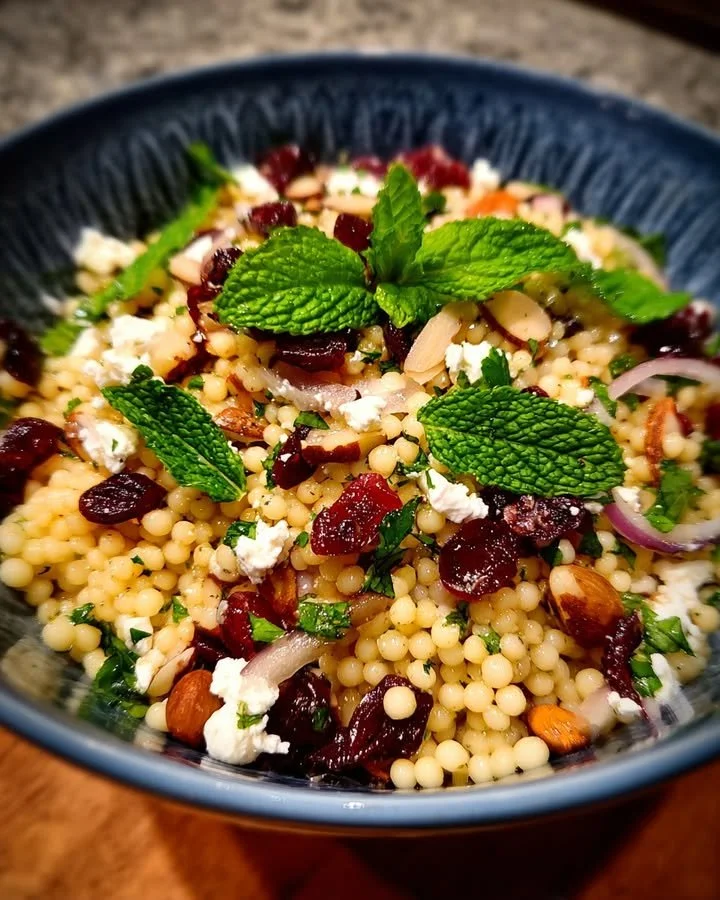 Feta and cranberry Israeli couscous salad with mint lemon dressing