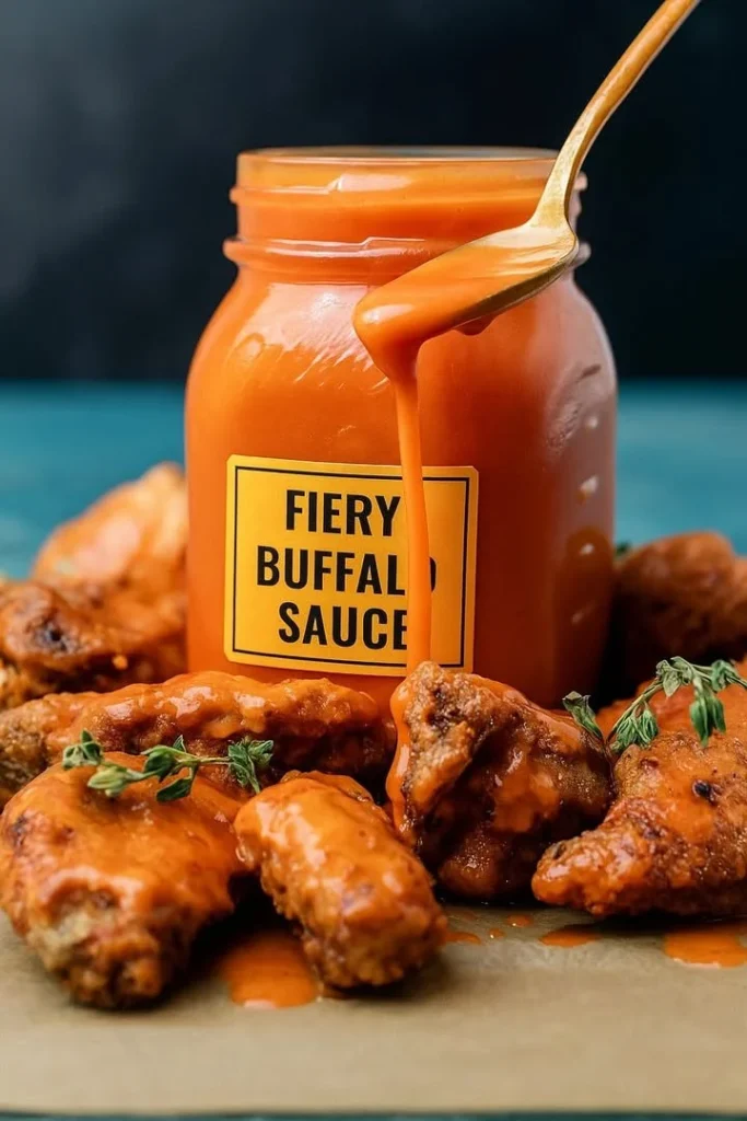 Bottle of Fiery Buffalo Sauce on a wooden table with spicy chicken wings