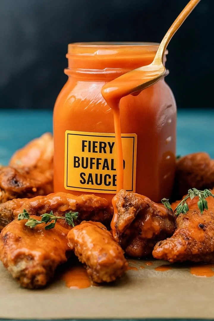 Bottle of Fiery Buffalo Sauce on a wooden table with spicy chicken wings