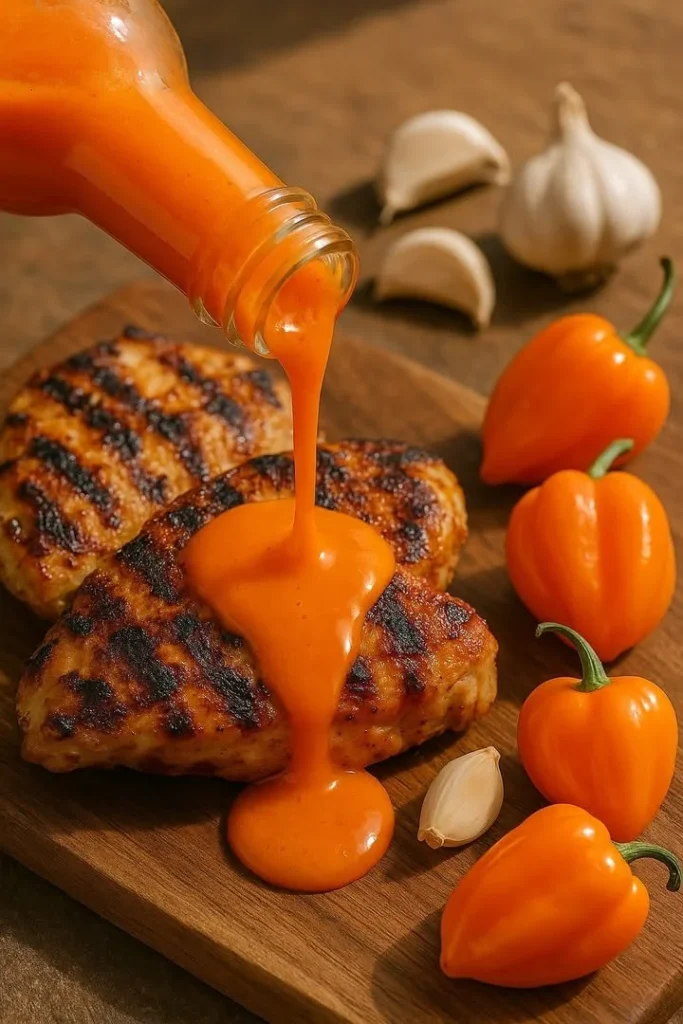 Flavor-First Habanero Hot Sauce bottle with fresh peppers