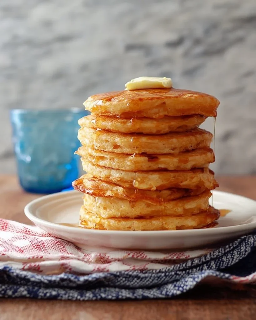 Fluffy pumpkin pancakes topped with syrup and cinnamon on a plate.