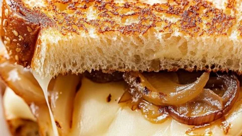 Mouthwatering French onion grilled cheese sandwich with melted cheese and caramelized onions