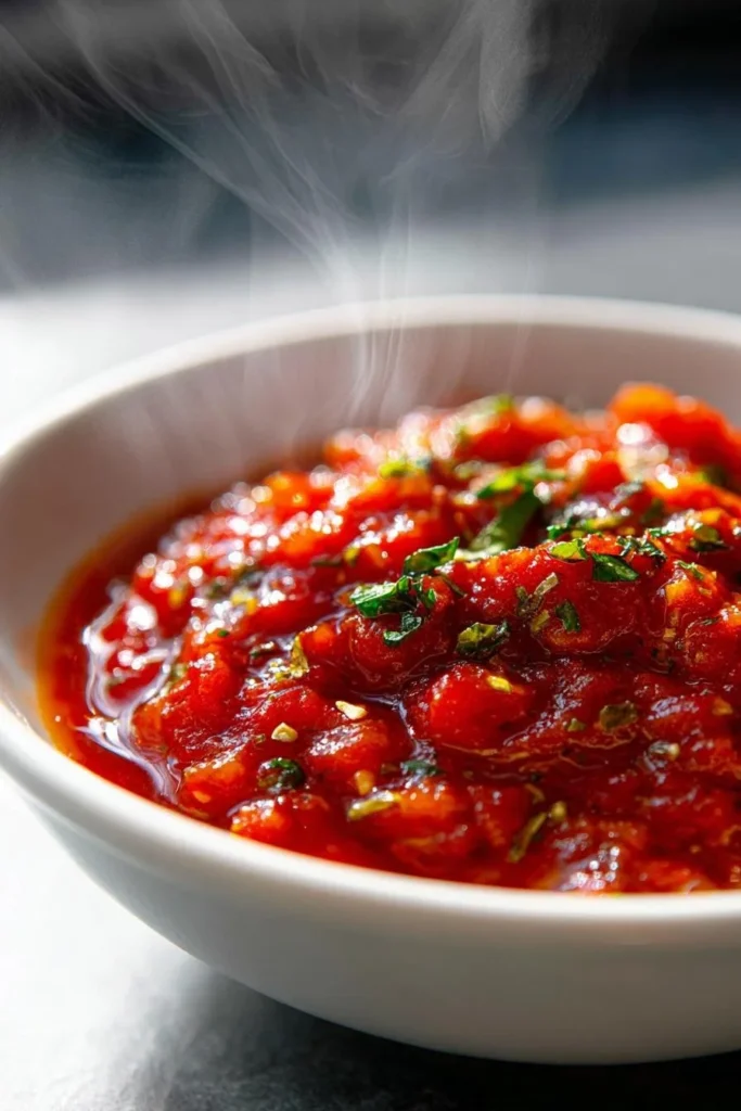 Bowl of fresh marinara sauce made with ripe tomatoes and herbs