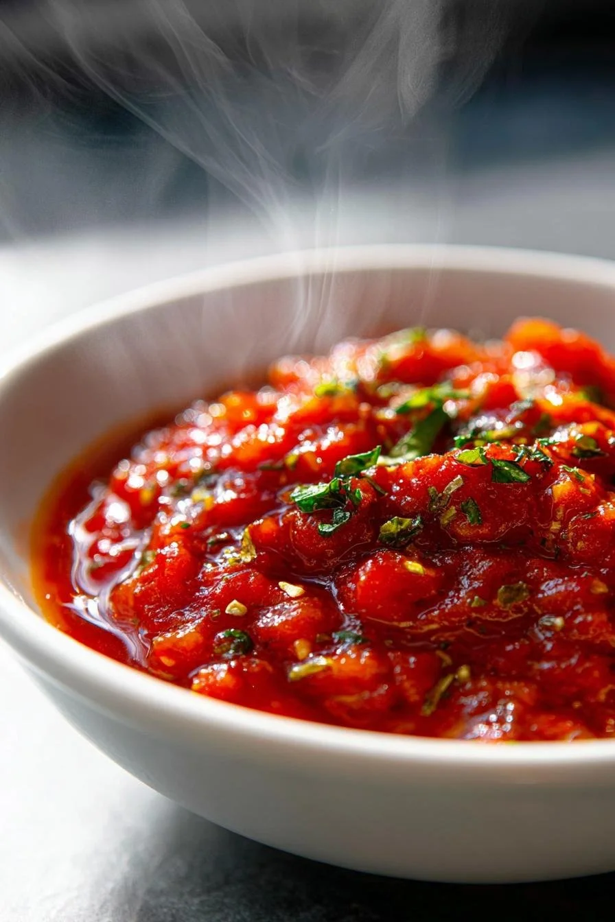 Bowl of fresh marinara sauce made with ripe tomatoes and herbs