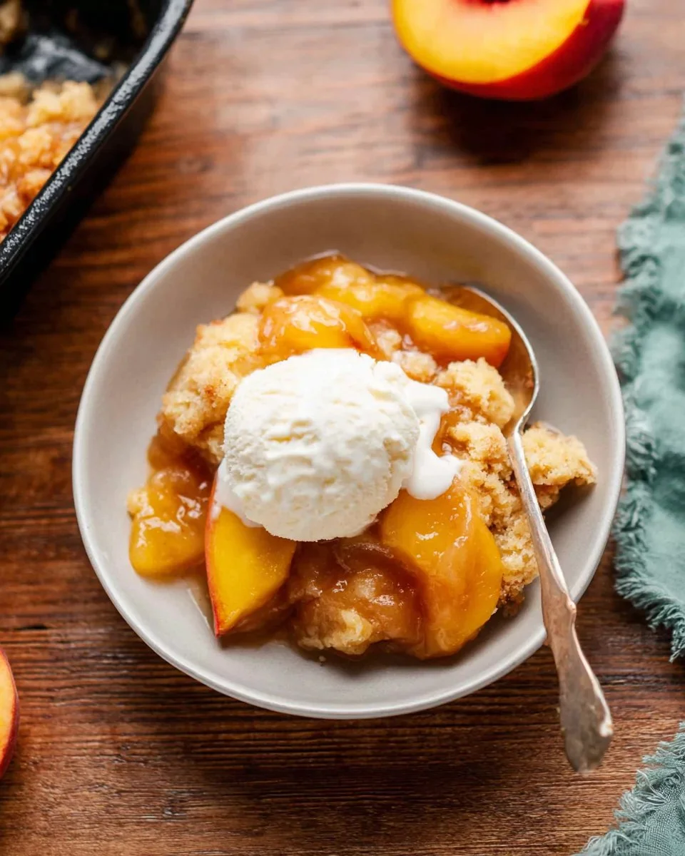 Delicious fresh peach cobbler served in a rustic dish with a golden crust