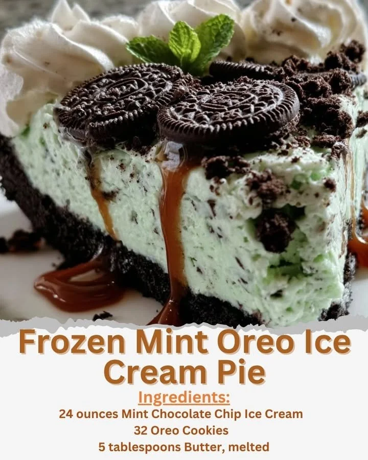 Frozen Mint Oreo Ice Cream Pie topped with mint and Oreo crumbs