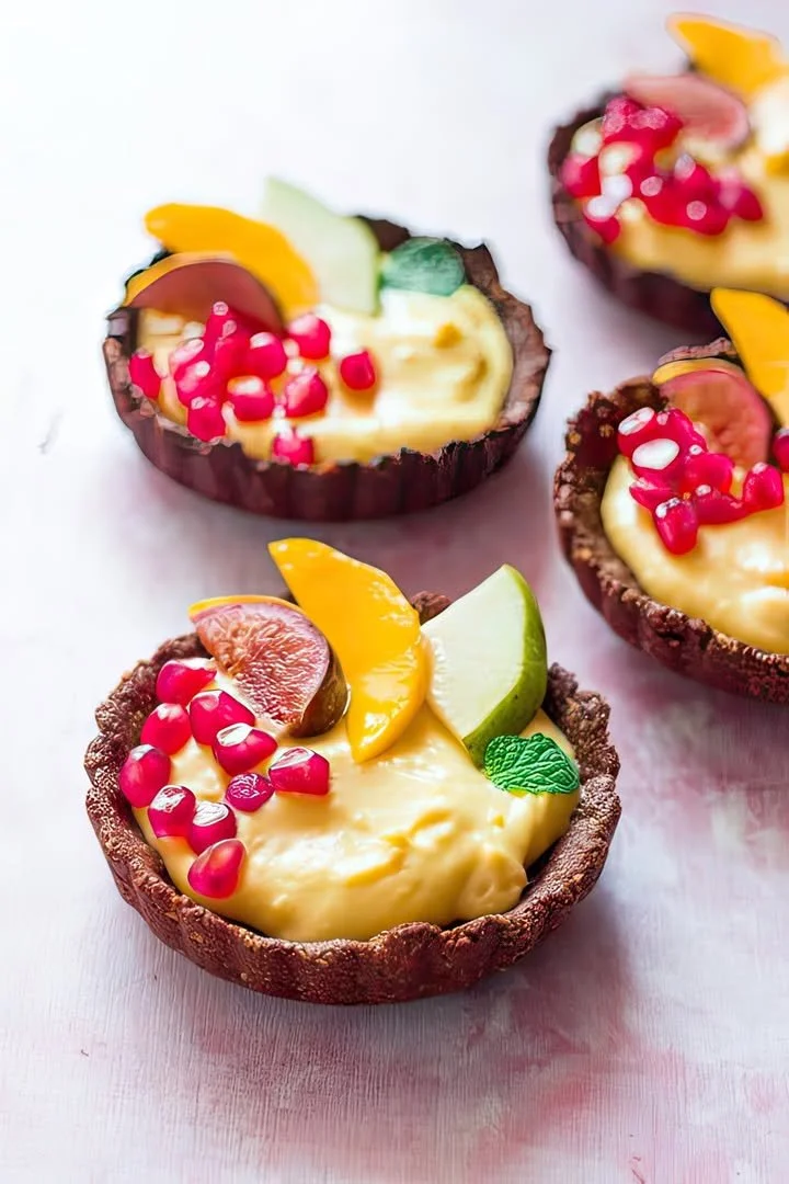 Colorful fruit tart with custard filling and fresh fruits on top